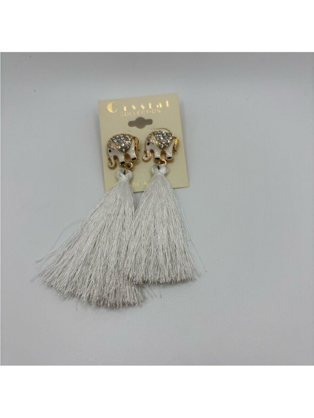 Crystal Collection Elephant Gold White Tassel Earrings
